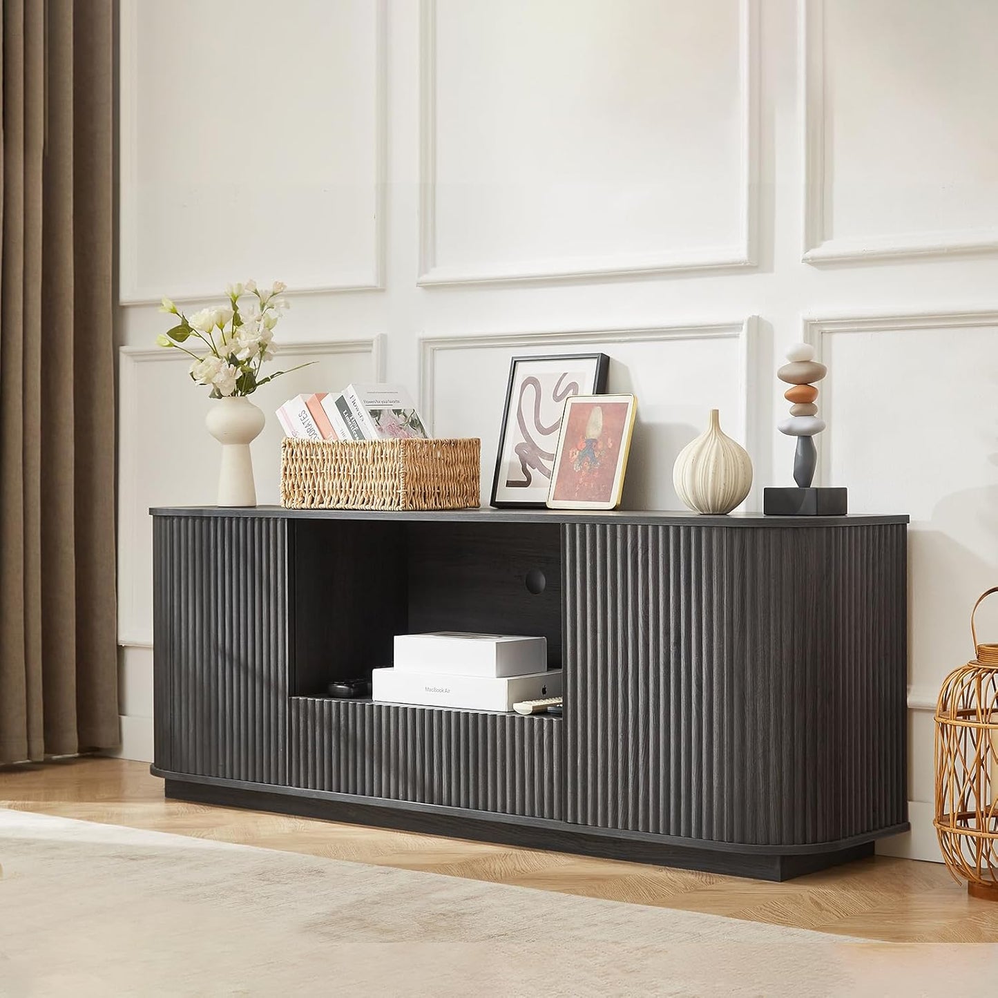 64" Fluted TV Stand for Tvs up to 75 Inch, Entertainment Center with Storage Cabinet and Drawer, Wood TV Console Television Furniture with Adjustable Shelf, Media Console for Living Room, Bedroom