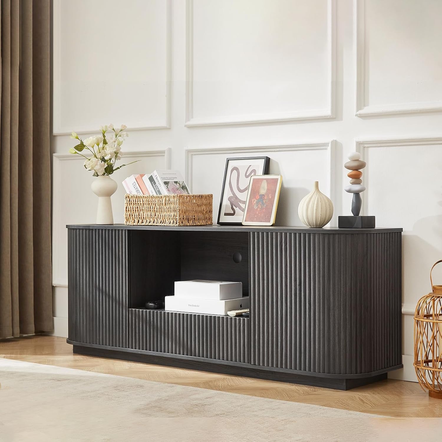 64" Fluted TV Stand for Tvs up to 75 Inch, Entertainment Center with Storage Cabinet and Drawer, Wood TV Console Television Furniture with Adjustable Shelf, Media Console for Living Room, Bedroom