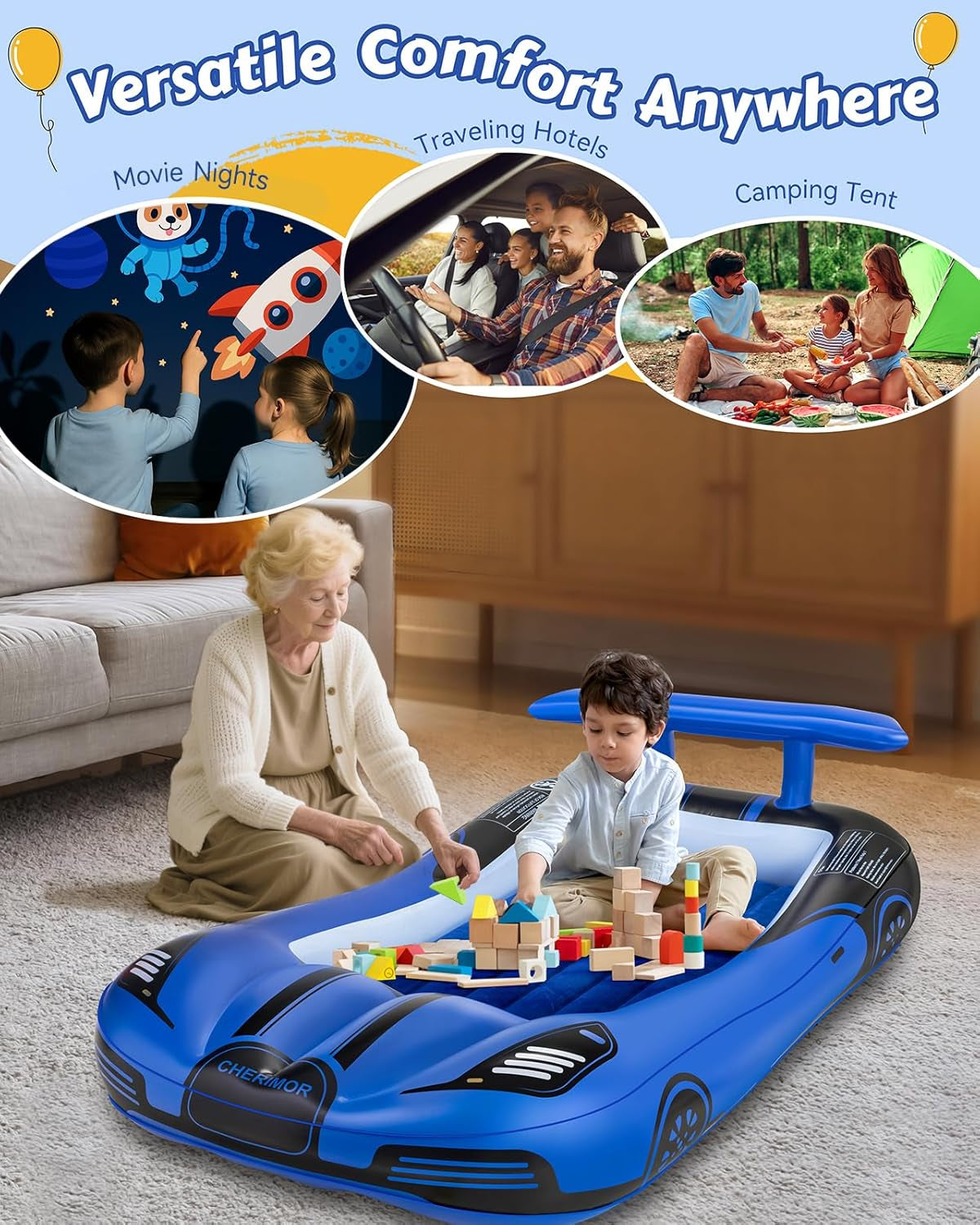 Inflatable Toddler Travel Bed with Safety Bumpers & 2 Mins Auto Inflation Pump, Portable Toddler Kids Air Mattress with Carry Bag for Home Grandma'S Sleepovers Travel Camping, 330Lbs Support