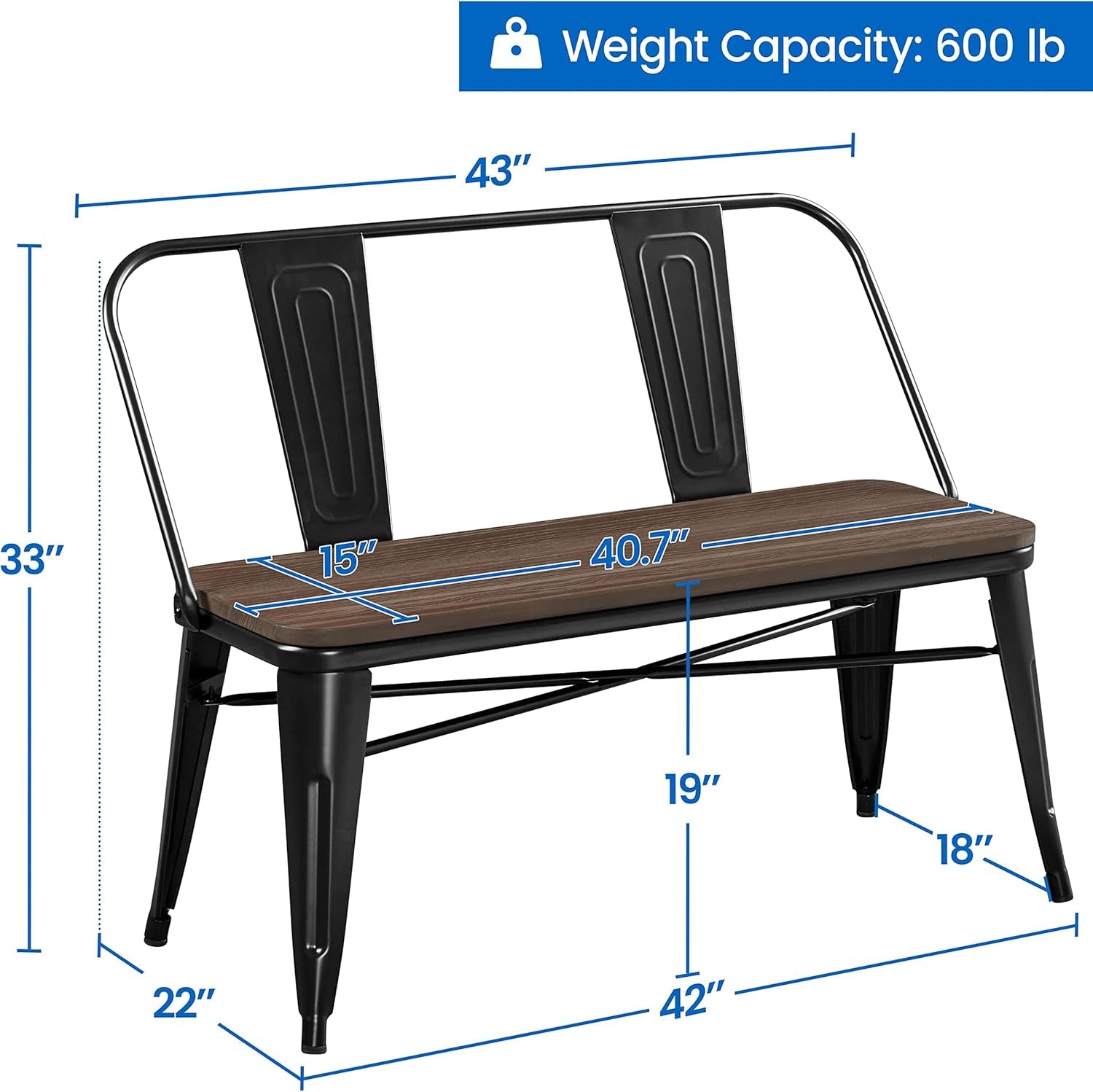 Industrial Metal Dining Bench Mid-Century Farmhouse Bench with Wooden Top Seat and Removable Backrest for Kitchen/Garden, Black