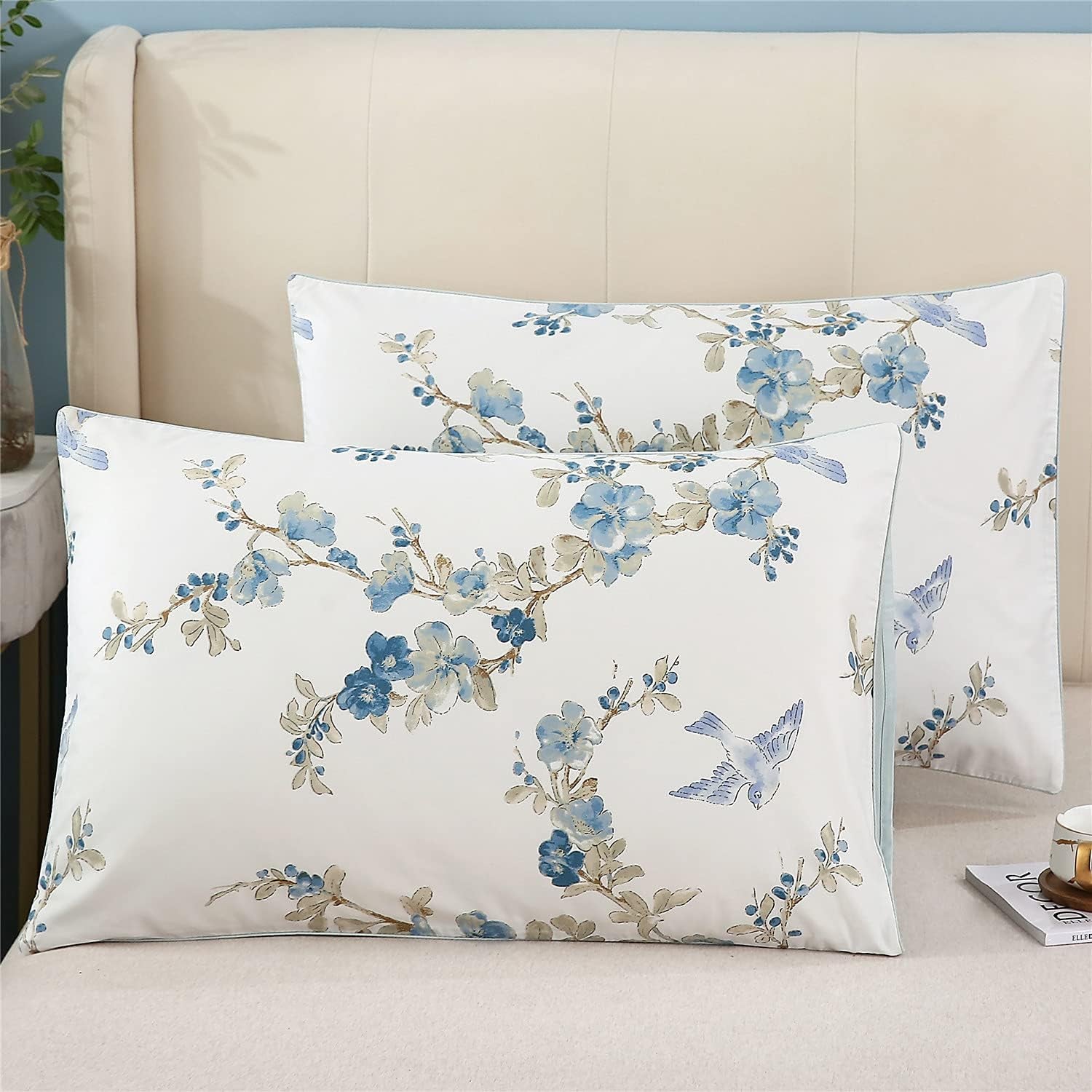 Flowers and Birds Print Pillow Covers Bed Pillowcases Envelope Closure End Pillow Encasement (Standard,Color-14)