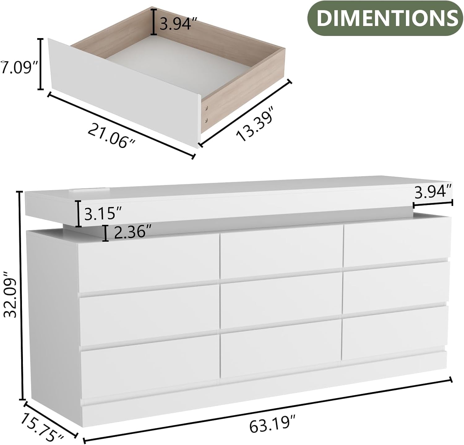 9 Drawer Dresser with Power Outlet, Dresser with LED Light, Modern Chest of Drawers for Closet, Double Wide Drawer Organizer Cabinet for Bedroom, Living Room (White, 9 Drawers)