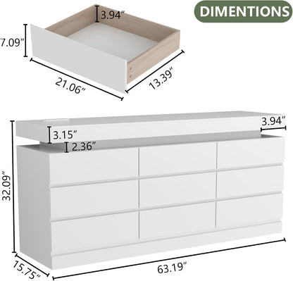 9 Drawer Dresser with Power Outlet, Dresser with LED Light, Modern Chest of Drawers for Closet, Double Wide Drawer Organizer Cabinet for Bedroom, Living Room (White, 9 Drawers)