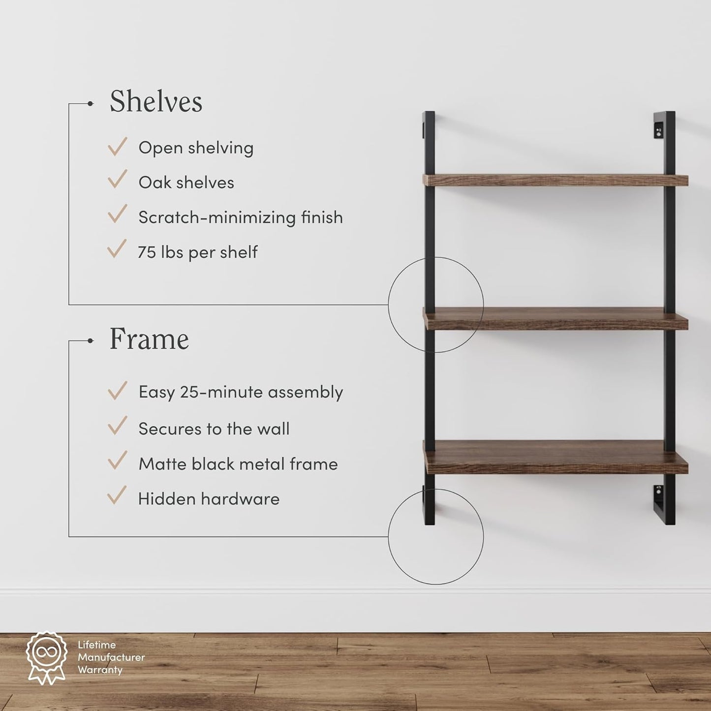 Theo 3-Shelf Small Bookcase, Floating Wall Mount Bookshelf with Wood and Industrial Pipe/Metal Frame, Rustic Oak/Matte Black