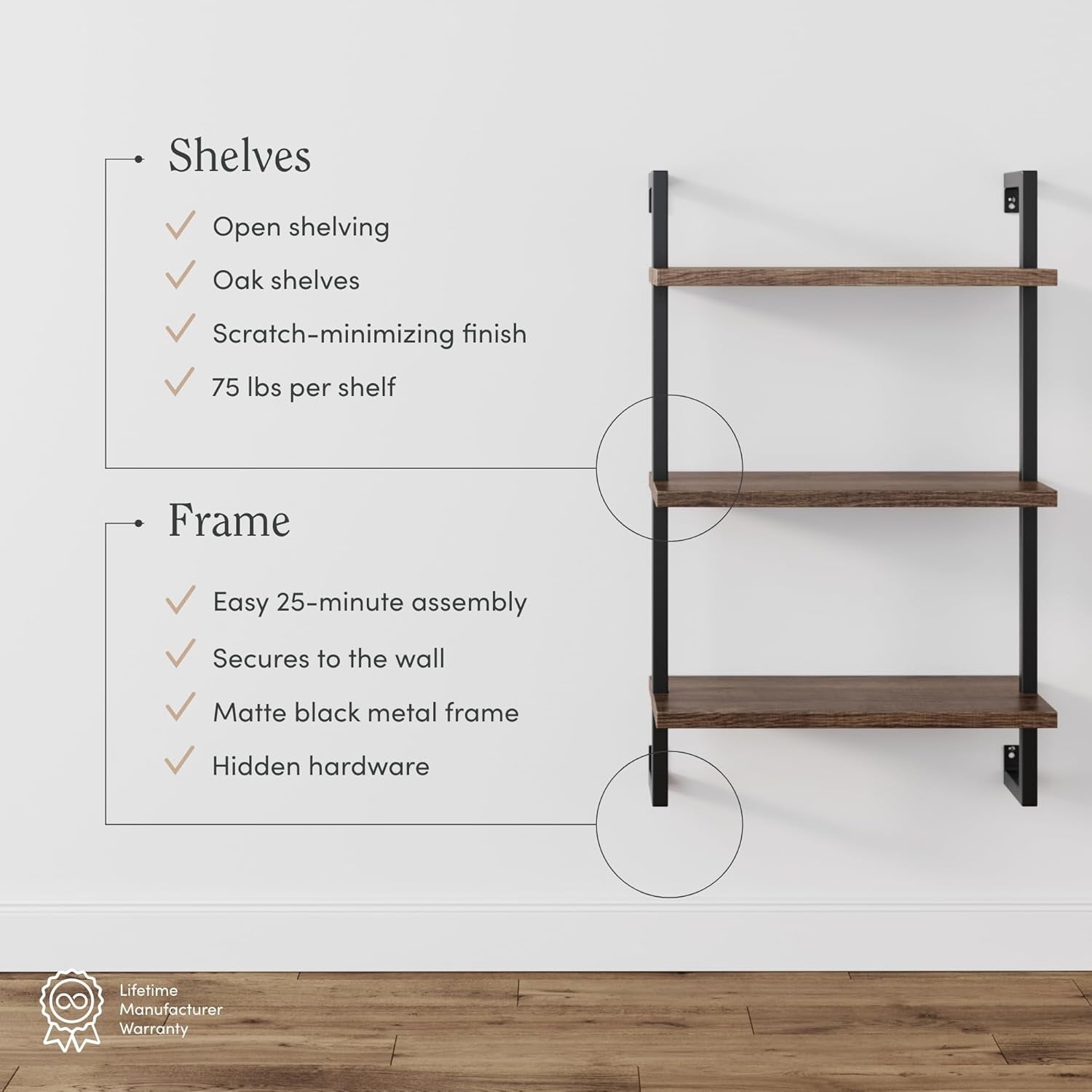 Theo 3-Shelf Small Bookcase, Floating Wall Mount Bookshelf with Wood and Industrial Pipe/Metal Frame, Rustic Oak/Matte Black