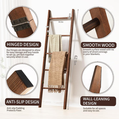 Blanket Ladder for Living Room, 5-Tier Wooden Ladder Shelf, Rustic Decorative Blanket Rack for Blankets, Quilts, Farmhouse Decor Ladder Shelf for Bedroom Bathroom Home Christmas Decor, Brown