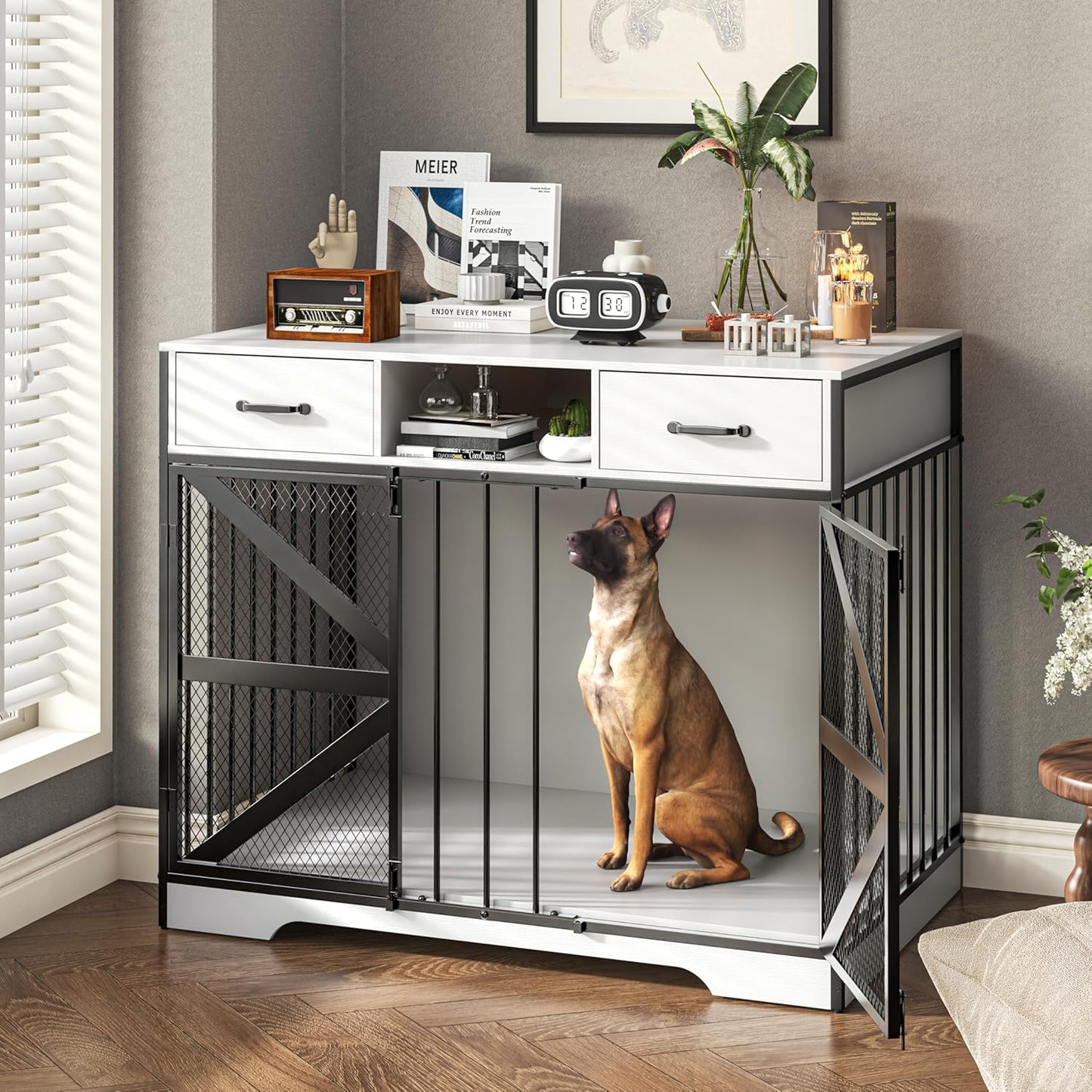 44" Large Dog Crate Furniture, Wooden Heavy Duty Dog Kennel TV Stand with 2 Drawers, Indoor Multi-Functional Decorative XL Furniture for Medium & Large Breeds, White