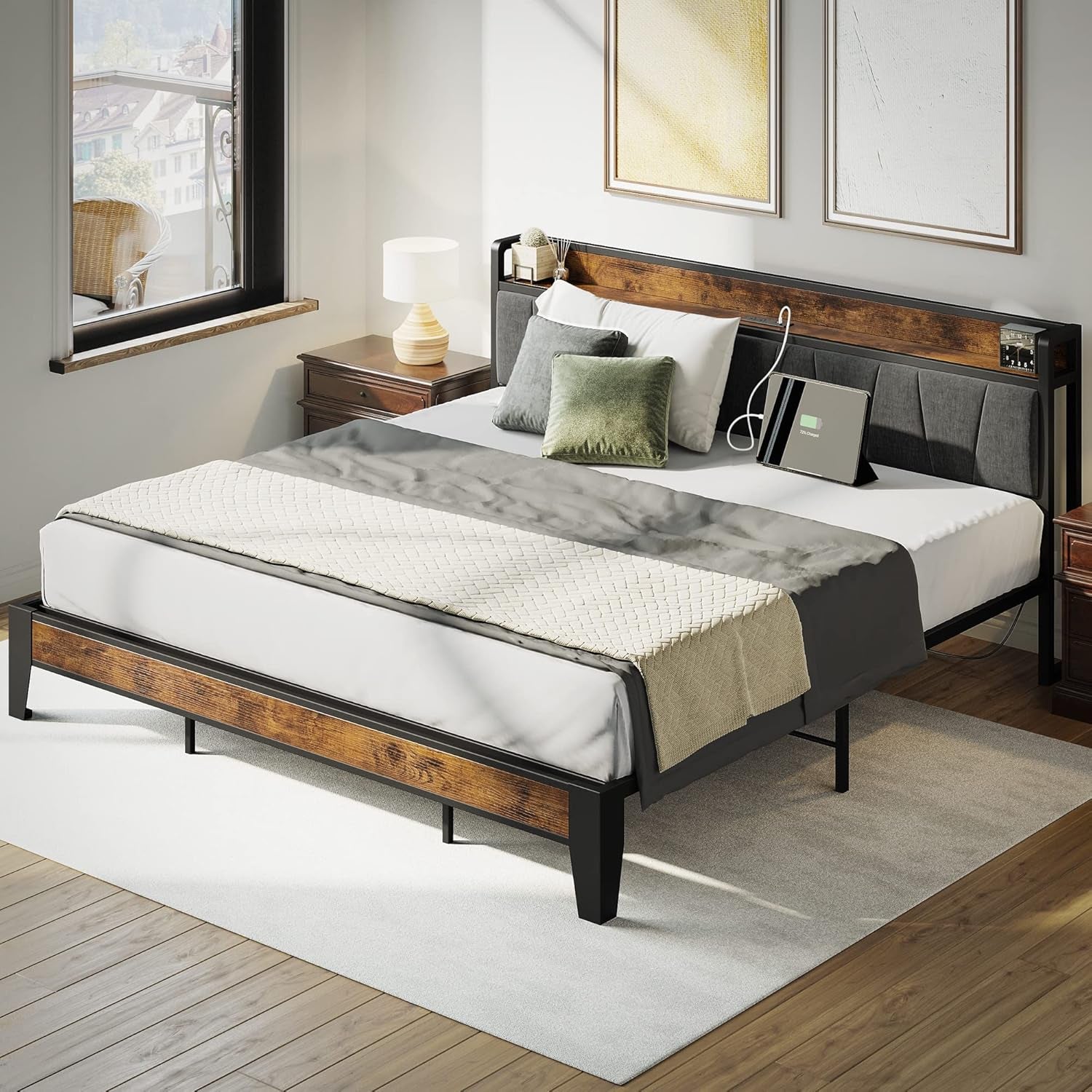 King Size Bed Frame, Storage Headboard with Charging Station, Solid and Stable, Noise Free, No Box Spring Needed, Easy Assembly