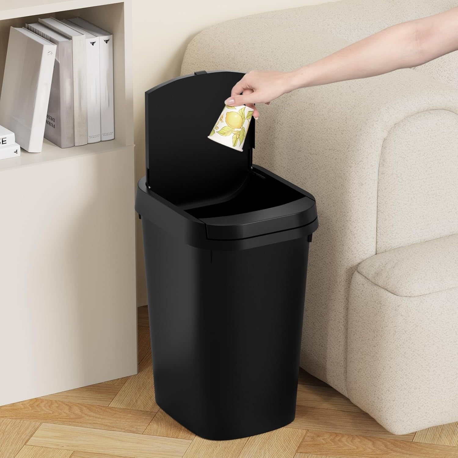3 Pack Bathroom Small Trash Can with Lid, 2.6 Gallon Slim Garbage Bin with Pop-Up Lid, 10L Plastic Wastebasket for Bedroom, Office, Kitchen, Toilet (Black)