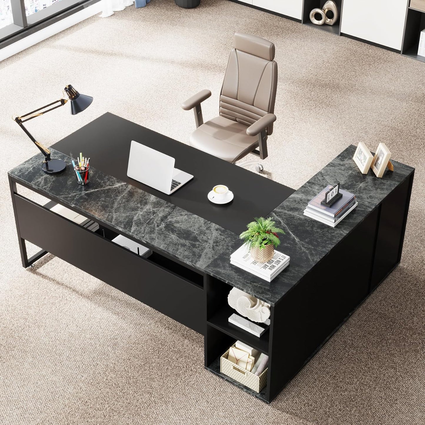 71 Inch Executive Desk, L Shaped Desk with Cabinet Storage, Executive Office Desk with Shelves, Business Furniture Set Workstation for Home Office, Black