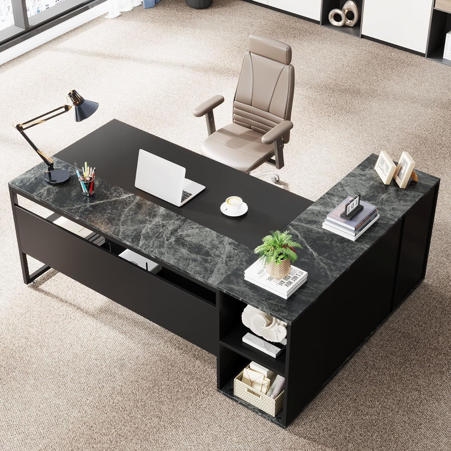 71 Inch Executive Desk, L Shaped Desk with Cabinet Storage, Executive Office Desk with Shelves, Business Furniture Set Workstation for Home Office, Black