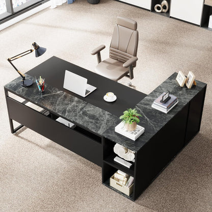 71 Inch Executive Desk, L Shaped Desk with Cabinet Storage, Executive Office Desk with Shelves, Business Furniture Set Workstation for Home Office, Black
