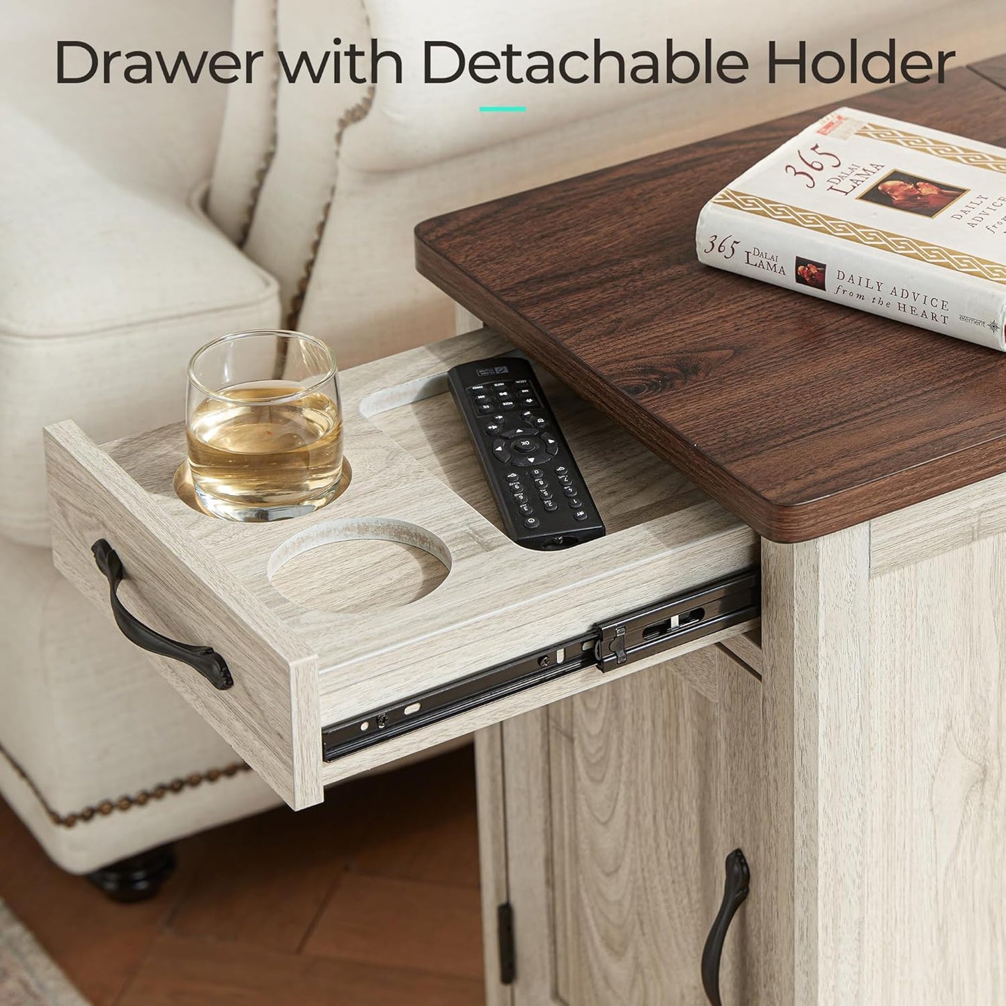 Farmhouse End Table with Charging Station, Narrow Side Table for Living Room, Sofa Side Table with Drawer and Storage Cabinet, Small Nightstand for Home Office