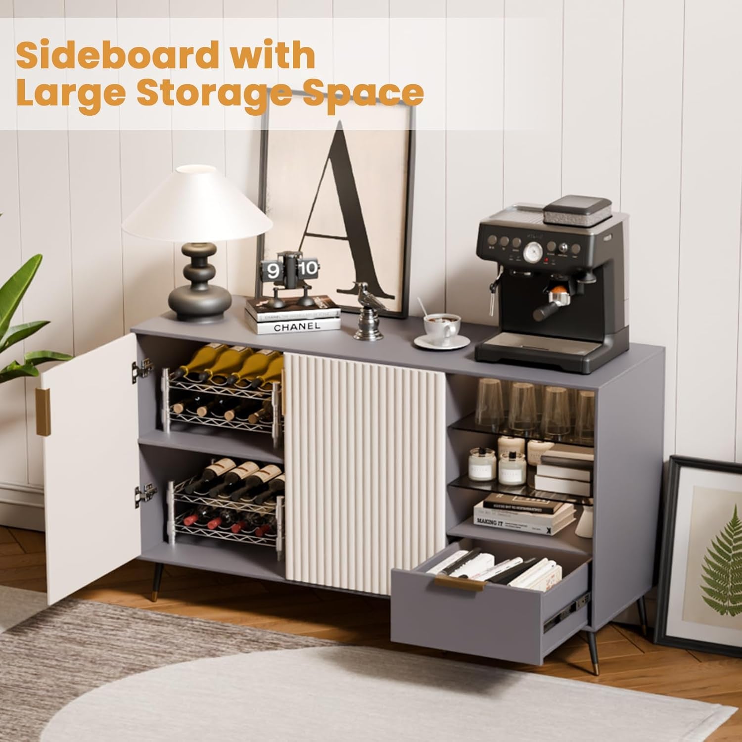 47" Wide Fluted Sideboard Cabinet with 2 Doors and Drawer, Sideboard Buffet Cabinet with Storage, Coffee Bar for Kitchen, Living Room, Entryway, 47.2" Wx15.7 Dx31.5 H,Grey