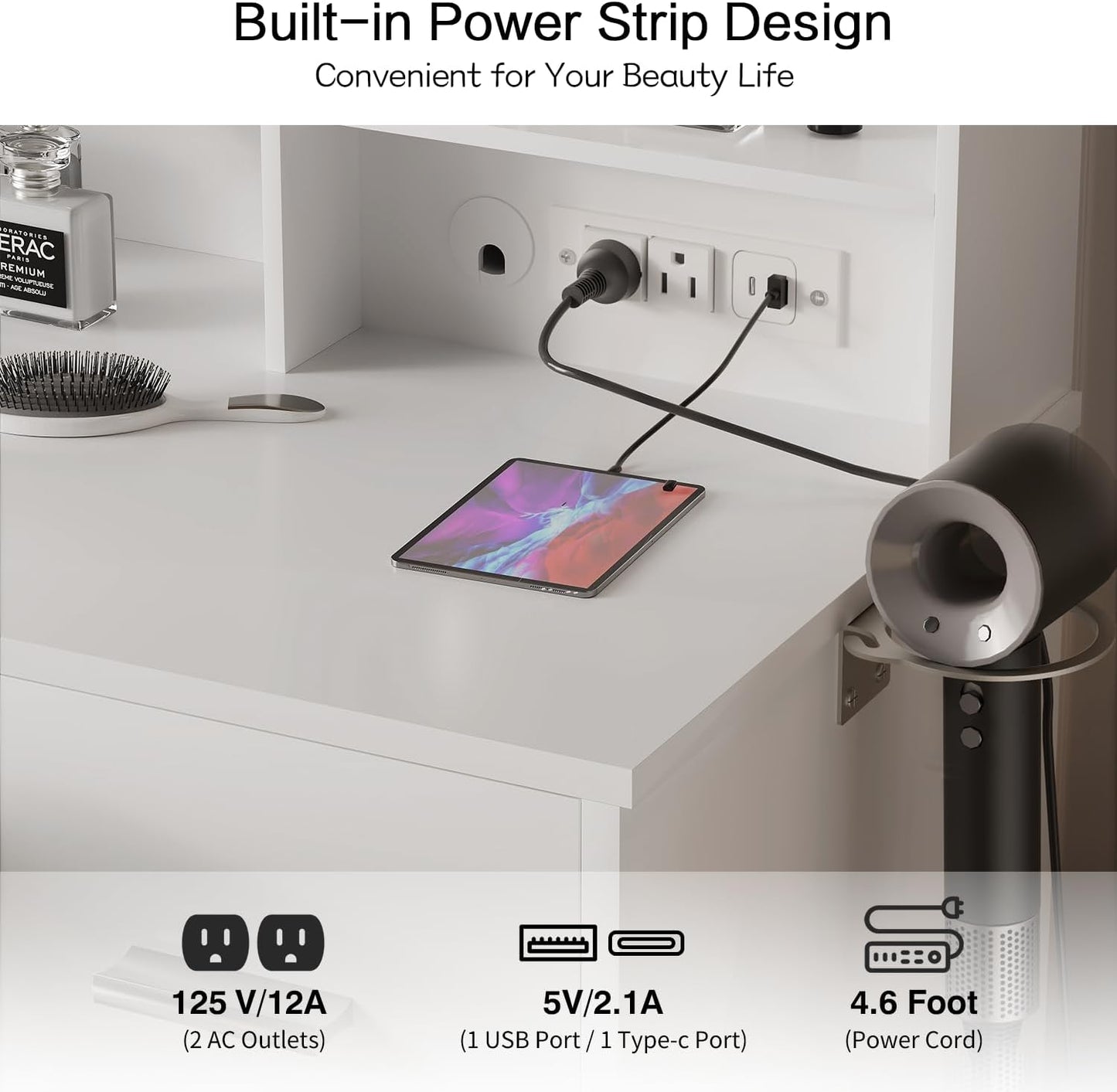 Vanity Desk with Mirror, Power Outlet and 10 Lights, Makeup Table with 4 Drawers, 3 Color Modes Available for Bedroom, White