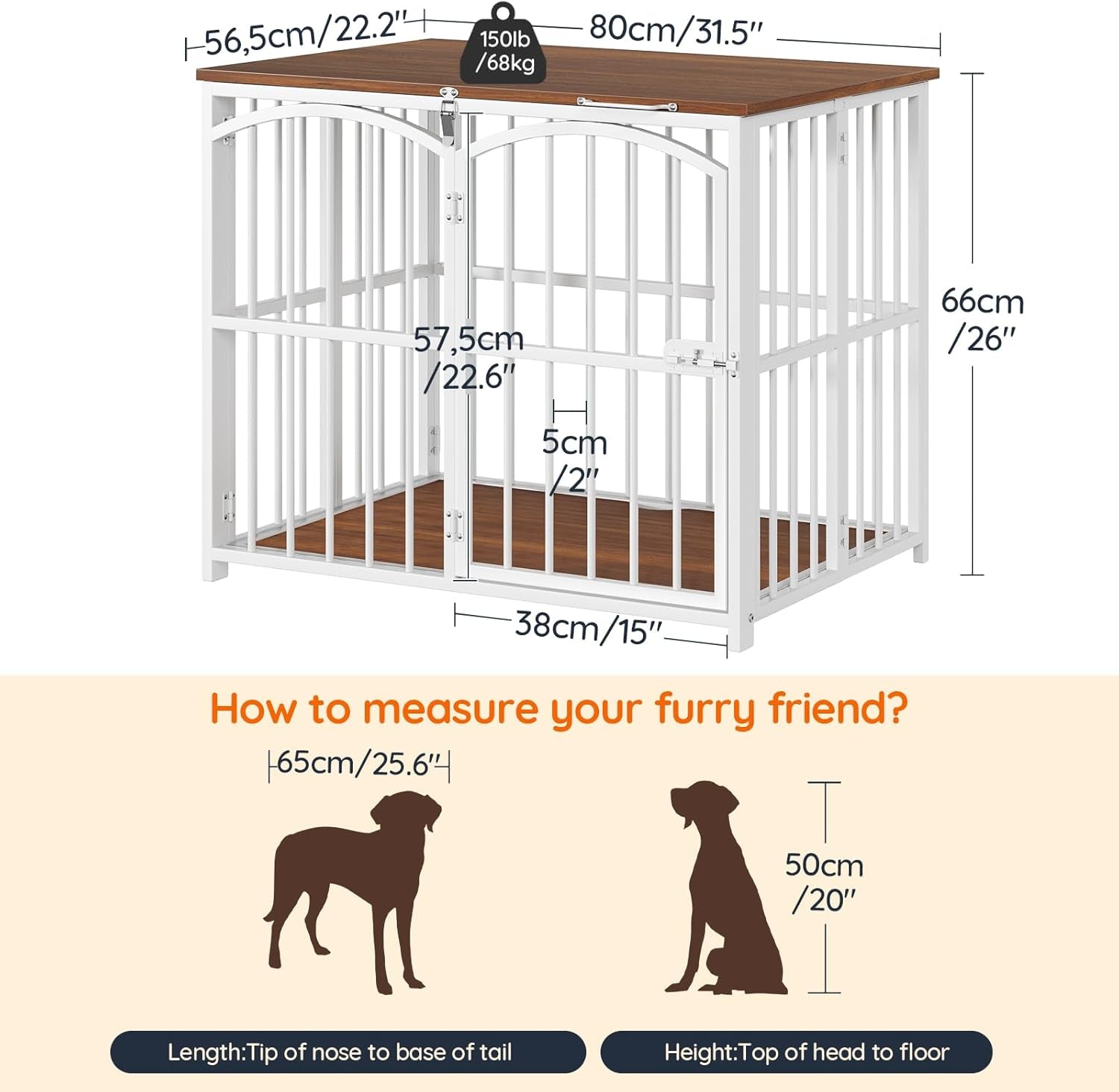 Foldable Dog Crate Furniture, 31.5" Indoor Dog Kennel No Assembly, Wooden Dog Cage Decorative Side End Table, for Medium Small Dogs, White and Walnut WH86GW03