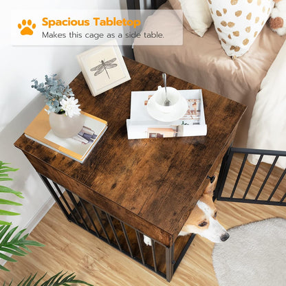 Dog Crate Furniture, Wooden Dog House, Decorative Dog Kennel with Drawer, Indoor Pet Crate End Table for Small Dog, Steel-Tube Puppy Cage, Chew-Proof, Rustic Brown and Black BF01GW03