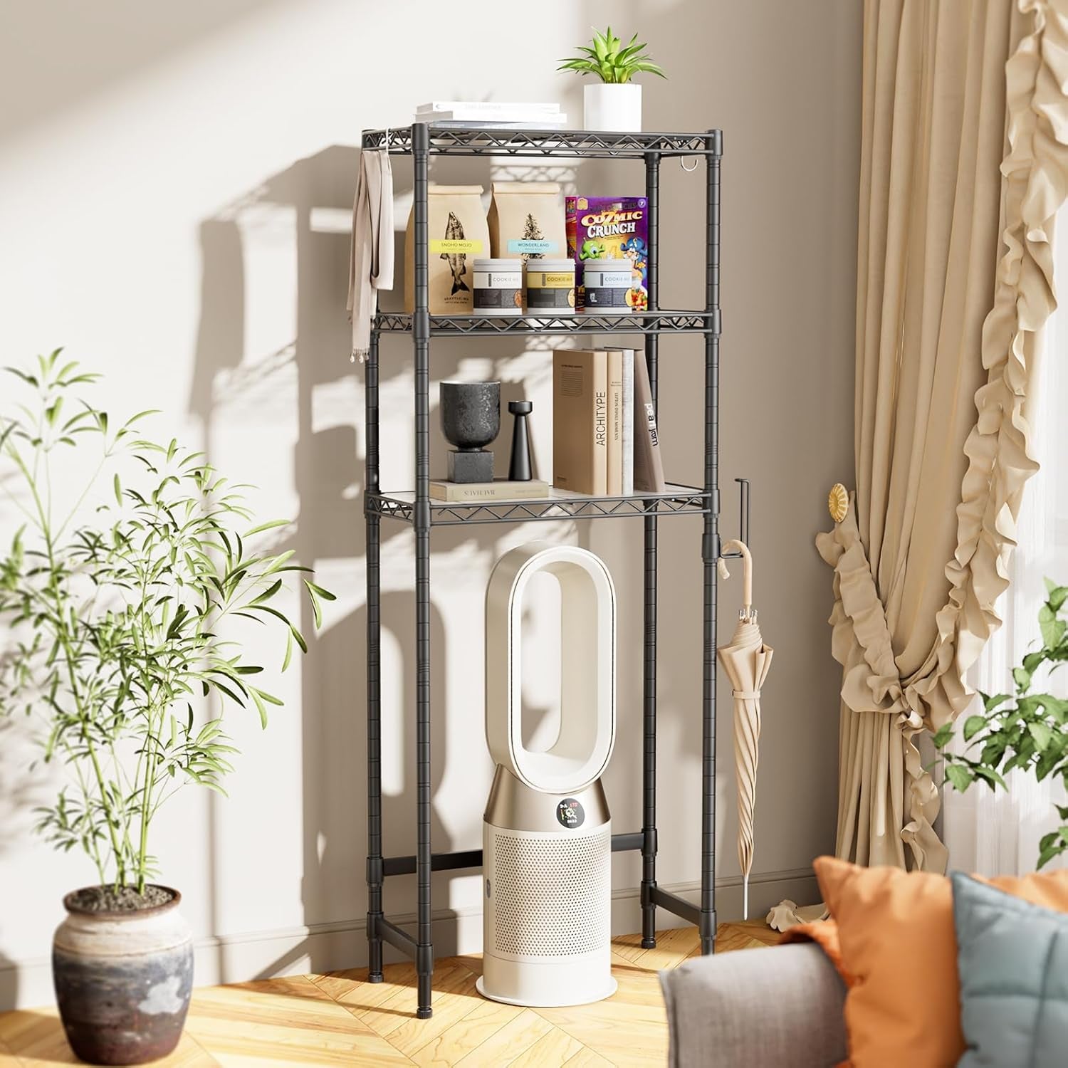 Over the Toilet Storage Shelf：3-Tier Bathroom Organizer and Storage Shelf with Adjustable Shelf and Basket Freestanding Space Saver above Toilet for Room Black