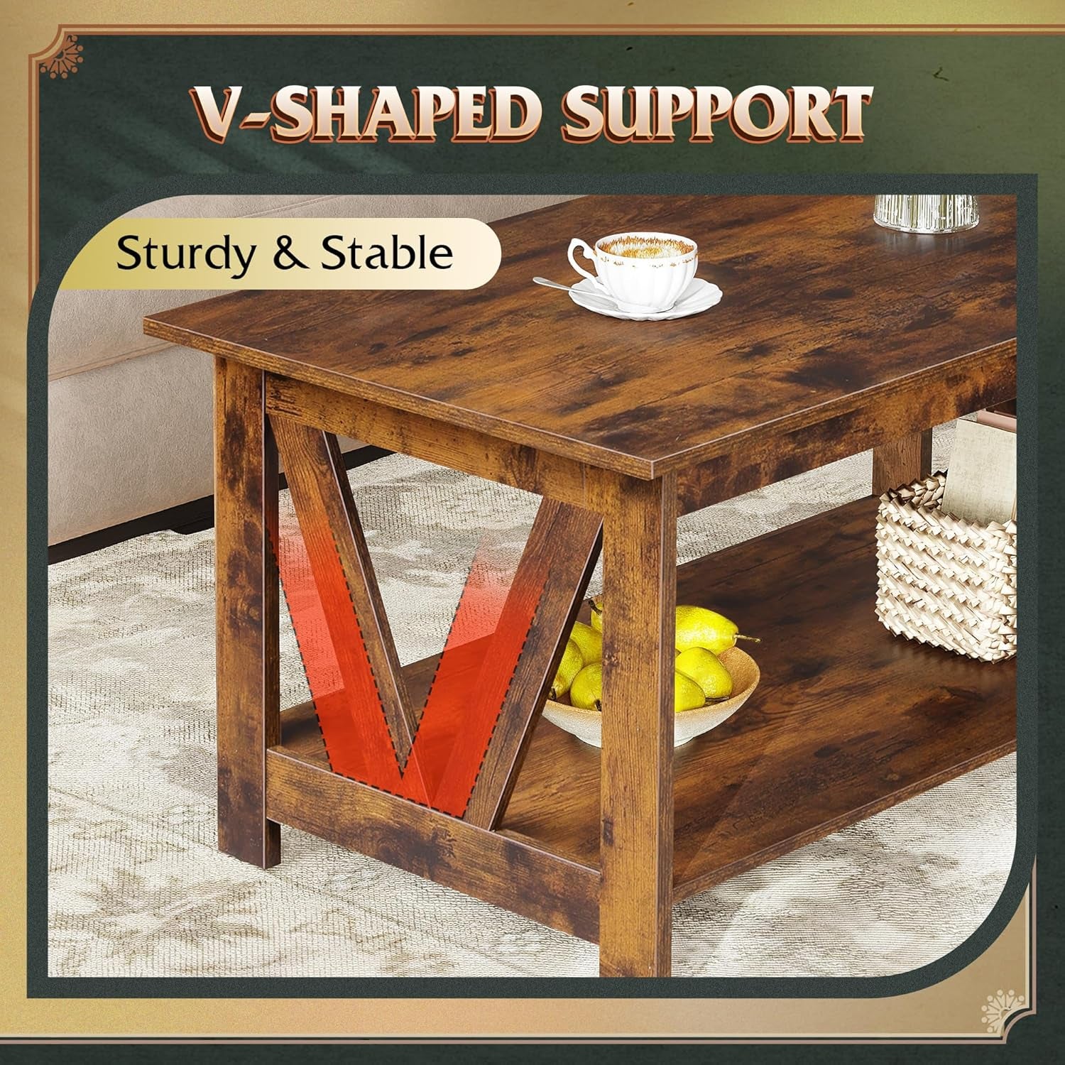 Coffee Table with Storage Shelf, 39.4" Farmhouse Coffee Table with V-Frame Support, 2-Tier Wood Rustic Center Table for Living Room, Bedroom & Balcony, Rustic Brown