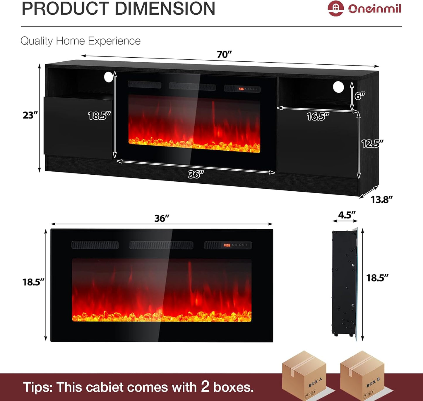 70” TV Stand with 36” Electric Fireplace, Large Modern Media Entertainment Center with Storage Cabinet and 12 Colors LED Lights for Tvs up to 80", Black TV Stand and Black Fireplace