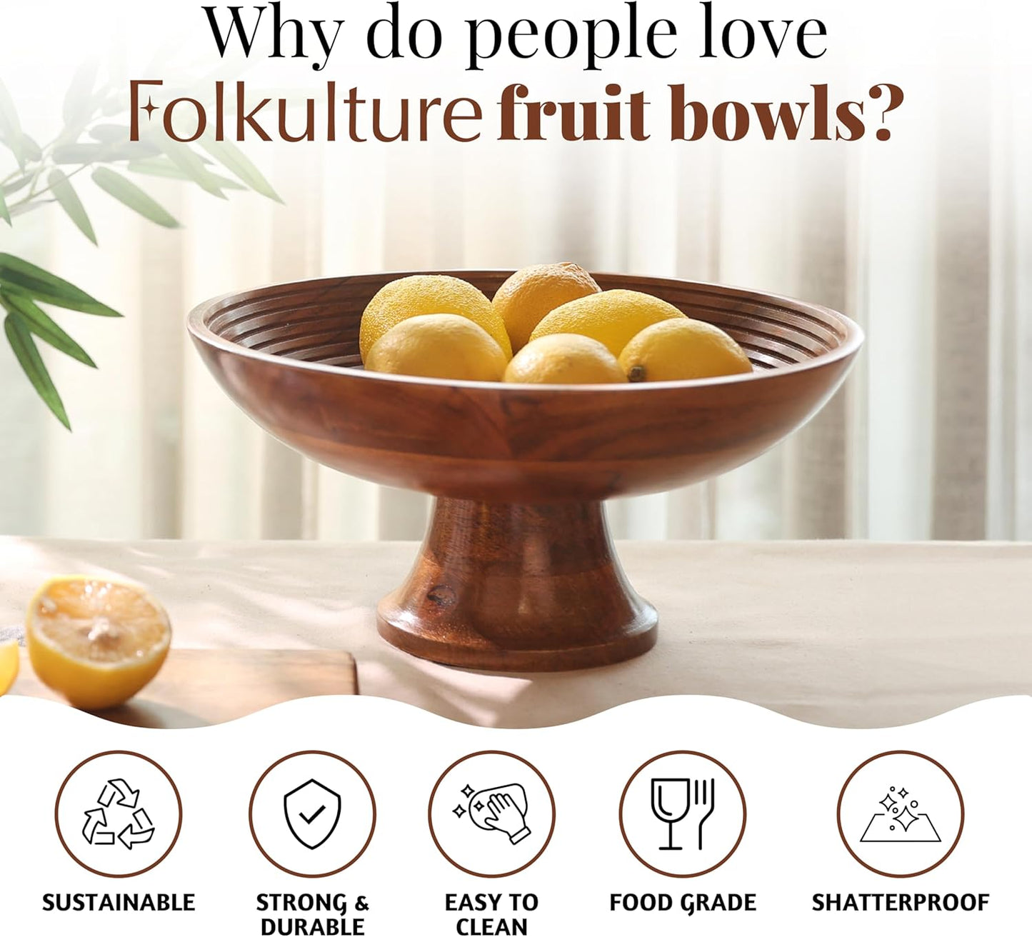Wooden Fruit Bowl for Kitchen Counter | 12" Large Premium Eco Friendly Banana Fruit Basket for Kitchen | Acacia Wood Bowl with Holder, Pedestal for Table Decor, Centerpiece for Dining Table