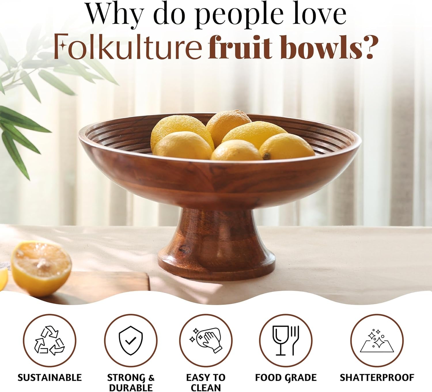Wooden Fruit Bowl for Kitchen Counter | 12" Large Premium Eco Friendly Banana Fruit Basket for Kitchen | Acacia Wood Bowl with Holder, Pedestal for Table Decor, Centerpiece for Dining Table