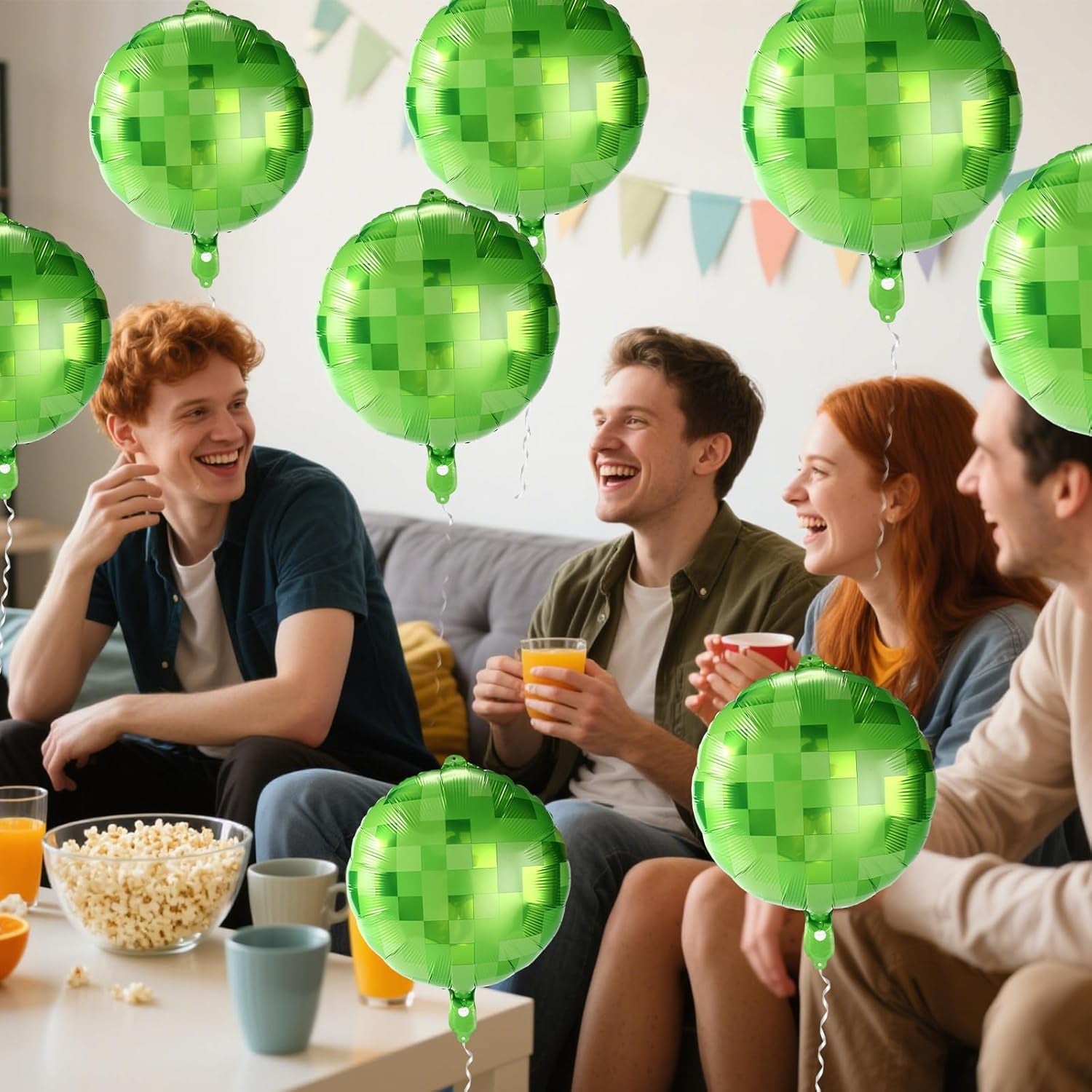 12Pcs Green Pixel Balloons, 18In Pixel Style Aluminum Film Foil Balloons with Ribbons & Straws for Theme Birthday Party Decorations
