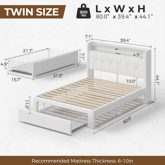 Twin Bed Frame with Drawer, Storage Headboard with Charging Station and LED Lights, Upholstered Bed with Heavy Duty Wood Slats, No Box Spring Needed, Noise Free, Easy Assembly, Beige