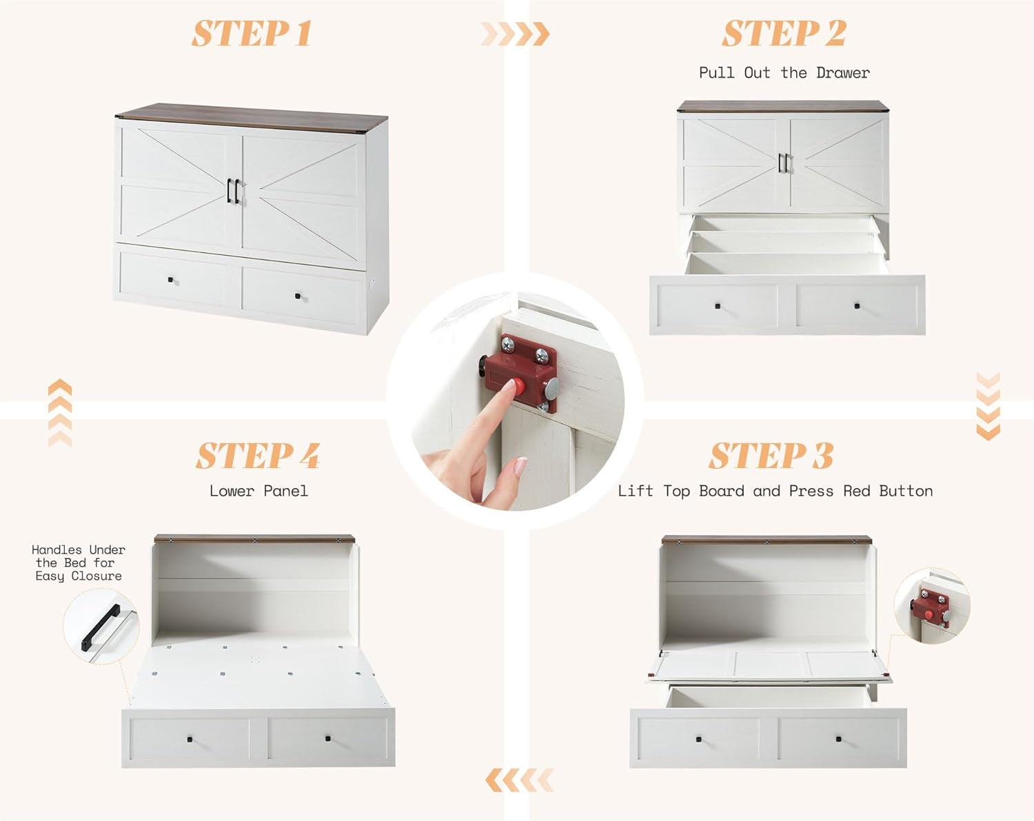 Queen Murphy Bed with Storage & Charging Station, Farmhouse Murphy Cabinet with Foldable Panel, Noisy Free, for Guest Bedroom, Living Room, Office, Distressed White