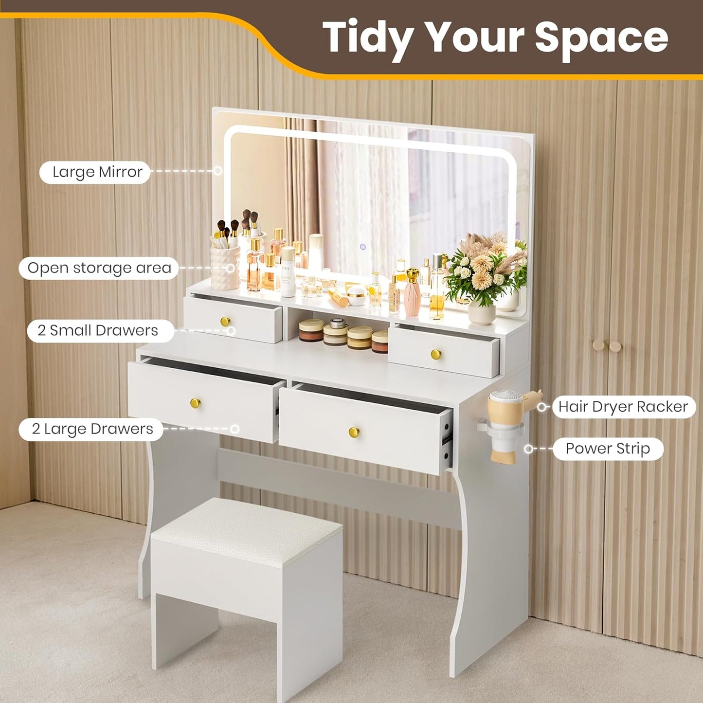 Vanity Desk with Mirror and Lights,4 Drawers Golden Handles Makeup Vanity with Storage Stool,Power Outlet,3 Lighting Modes,Silent Slides