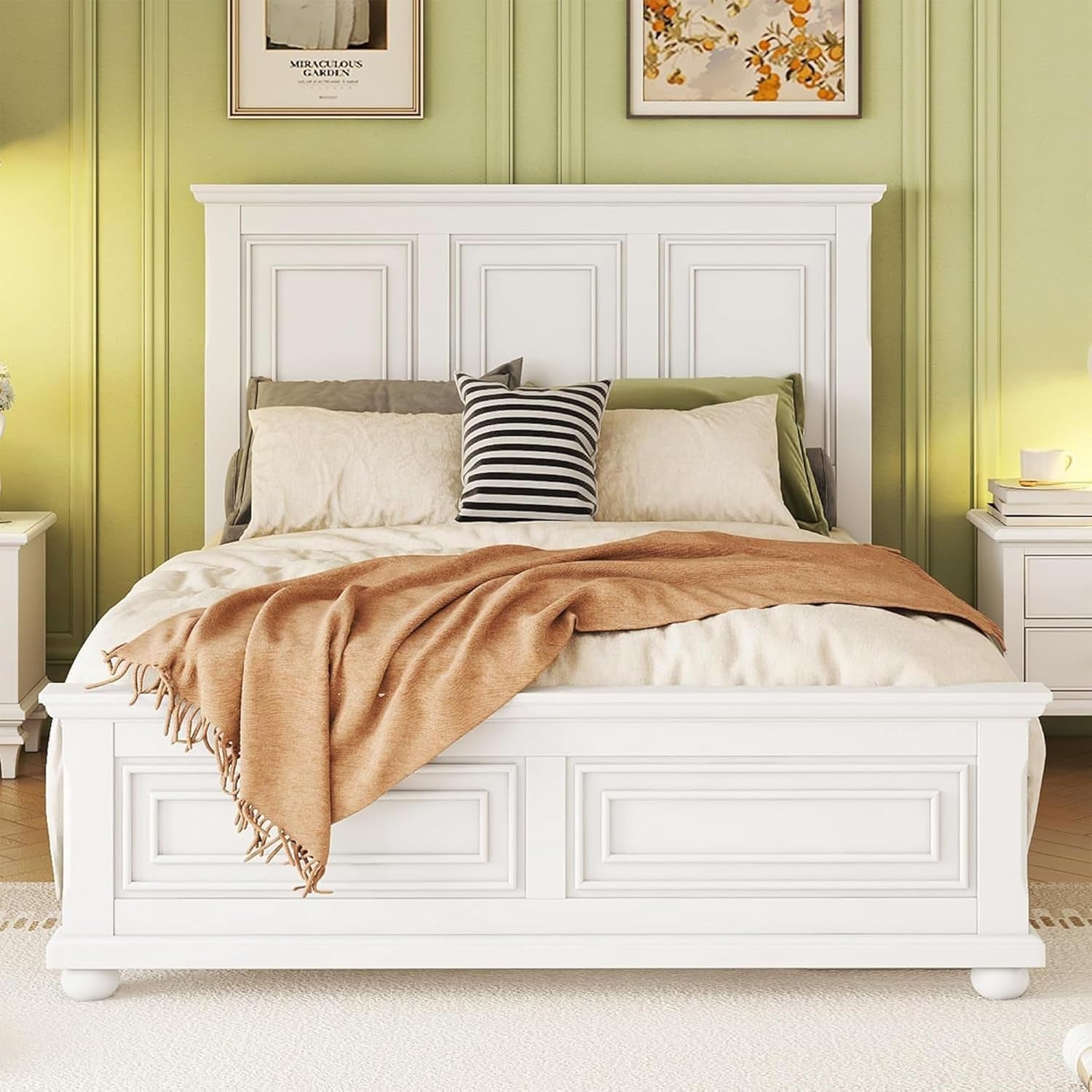 Wood Queen Bed Frame with Tall Headboard and Footboard, Rustic Queen Panel Bed with under Bed Storage, Farmhouse Style, Noise-Free, No Box Spring Needed, White