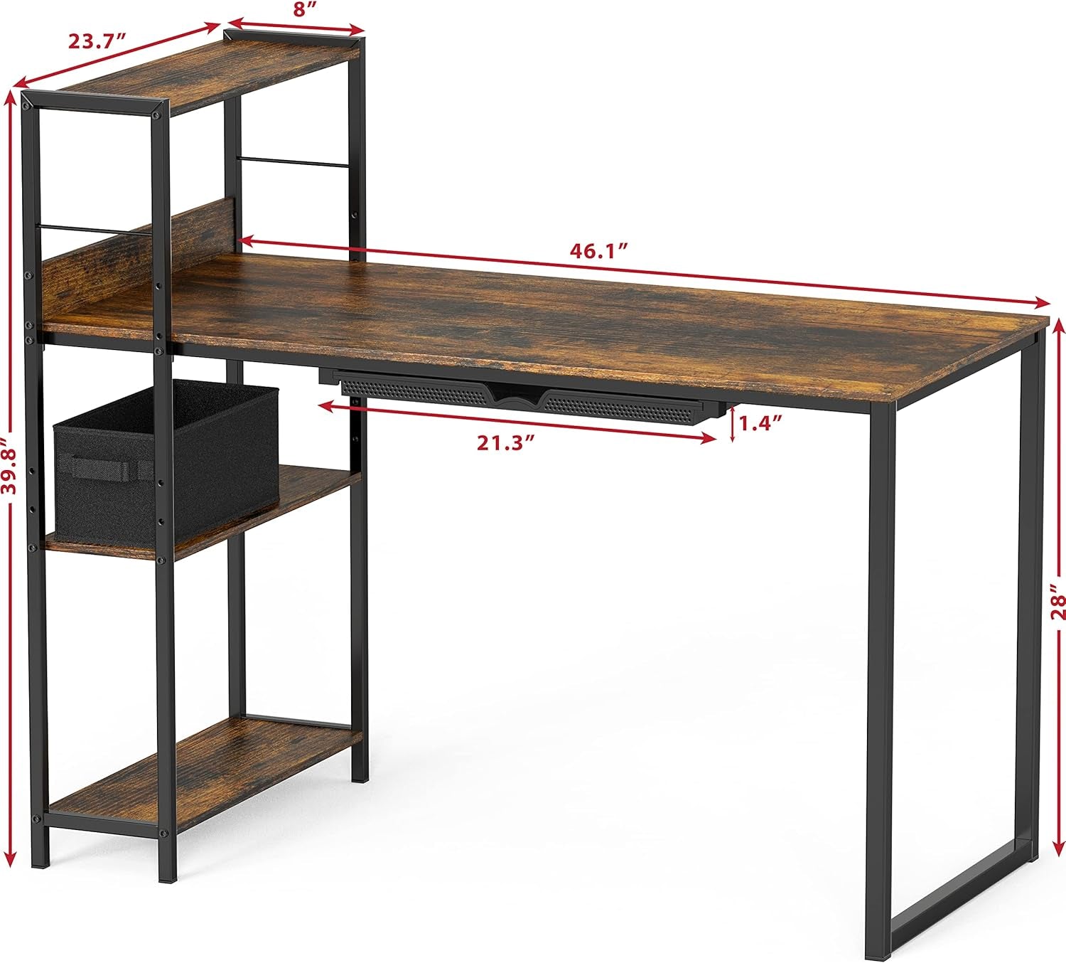 46-Inch Home Office Mission Computer Desk with Side Shelf and Drawer, Rustic Brown