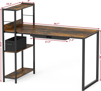 46-Inch Home Office Mission Computer Desk with Side Shelf and Drawer, Rustic Brown