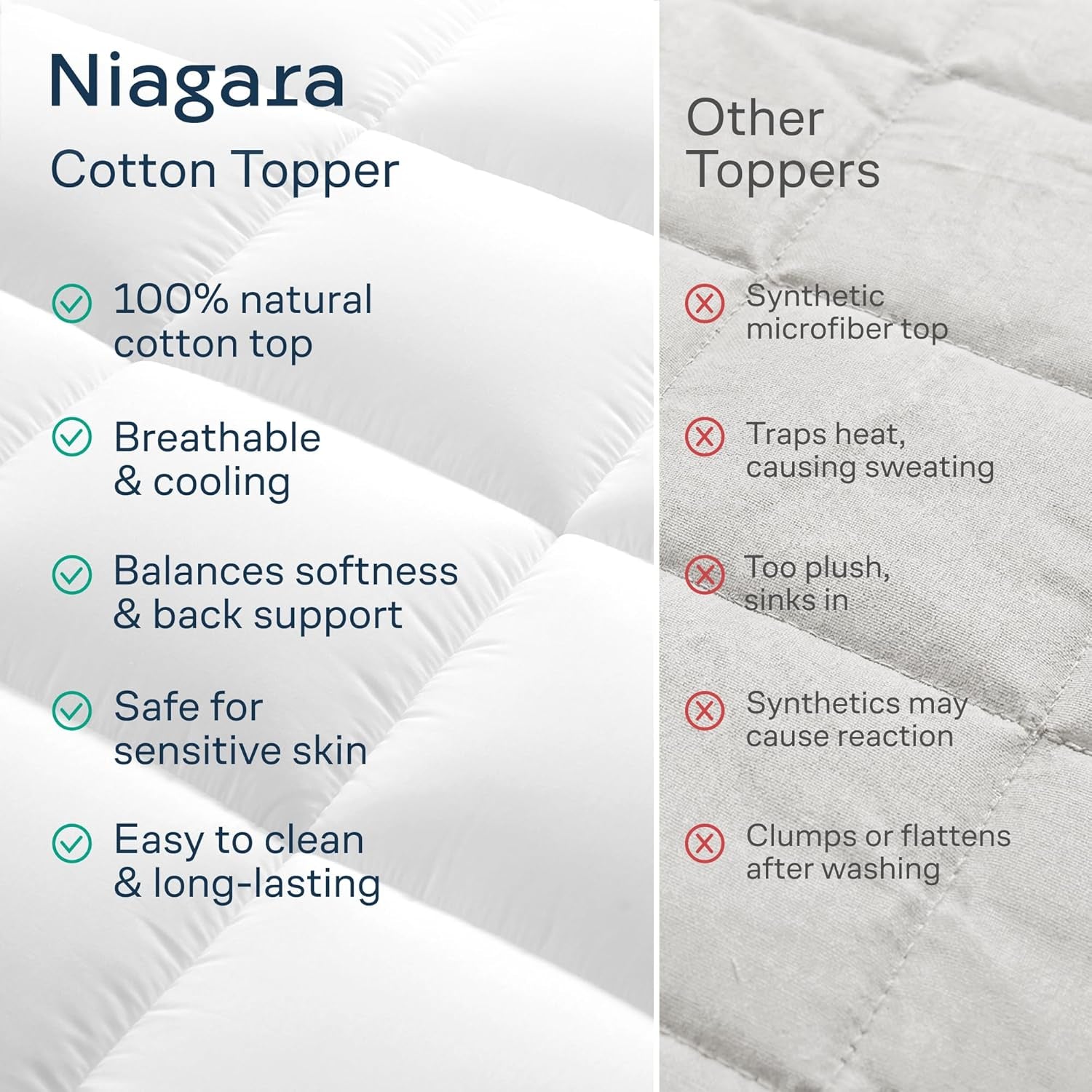 Cloud-Like Queen Mattress Topper - 100% Cotton Top Mattress Pad for Back Pain Relief - Breathable & Naturally Cooling for Hot Sleepers, White
