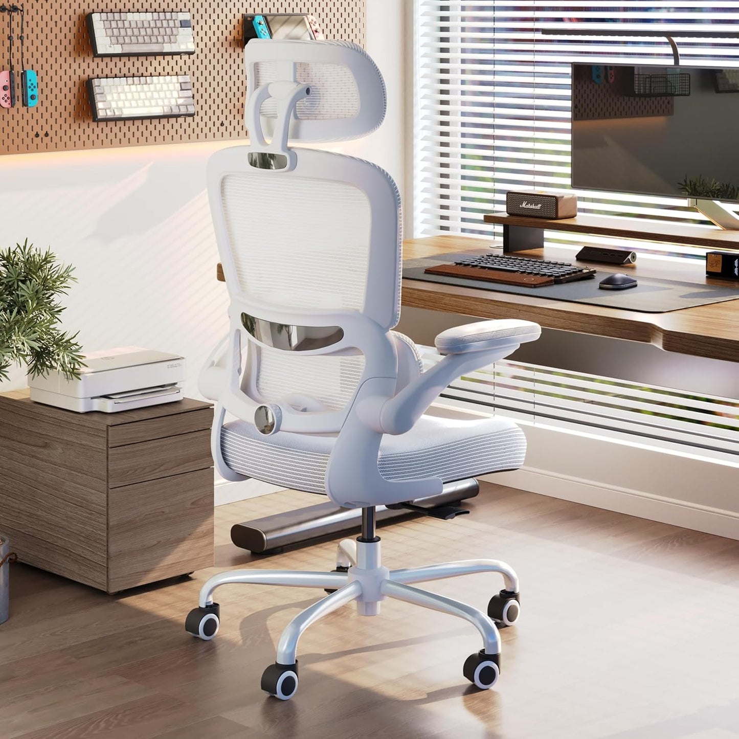 Ergonomic Office Chair - Desk Chair with Adjustable Headrest Lumbar Support Computer Chair - Mesh Comfy Chair with Flip-Up Armrests - Gaming Chairs for Adults Home Office (Leather, White)