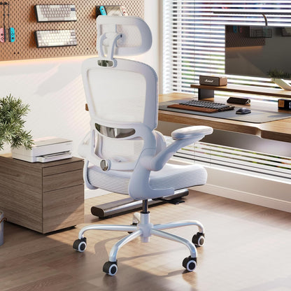 Ergonomic Office Chair - Desk Chair with Adjustable Headrest Lumbar Support Computer Chair - Mesh Comfy Chair with Flip-Up Armrests - Gaming Chairs for Adults Home Office (Leather, White)