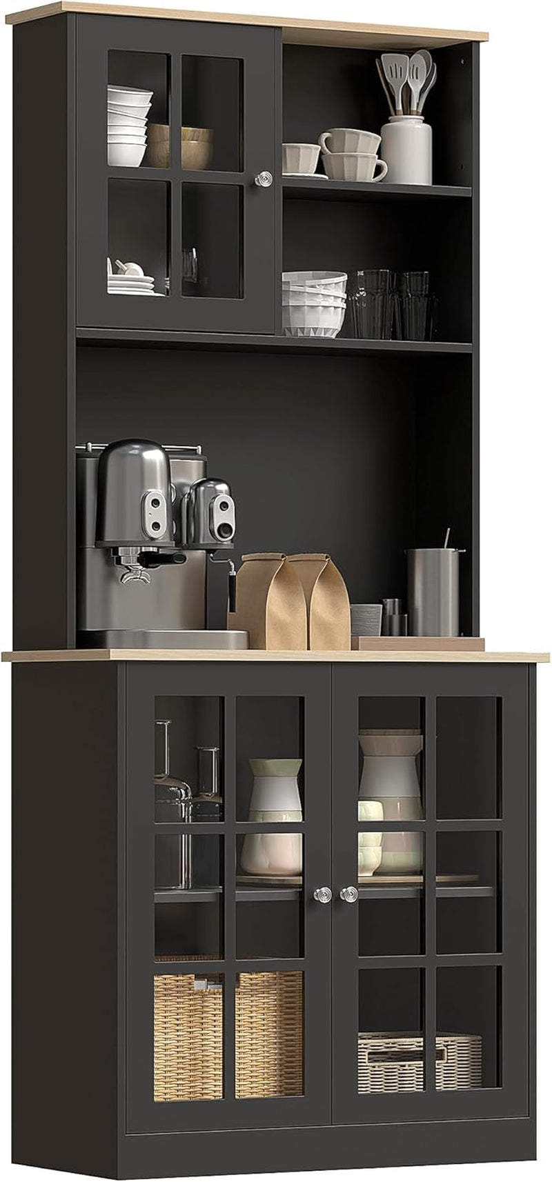 Kitchen Pantry Storage Cabinet, 72" Freestanding Cabinet with Hutch, Large Countertop, Glass Doors and Adjustable Shelves for Dining Room, Black