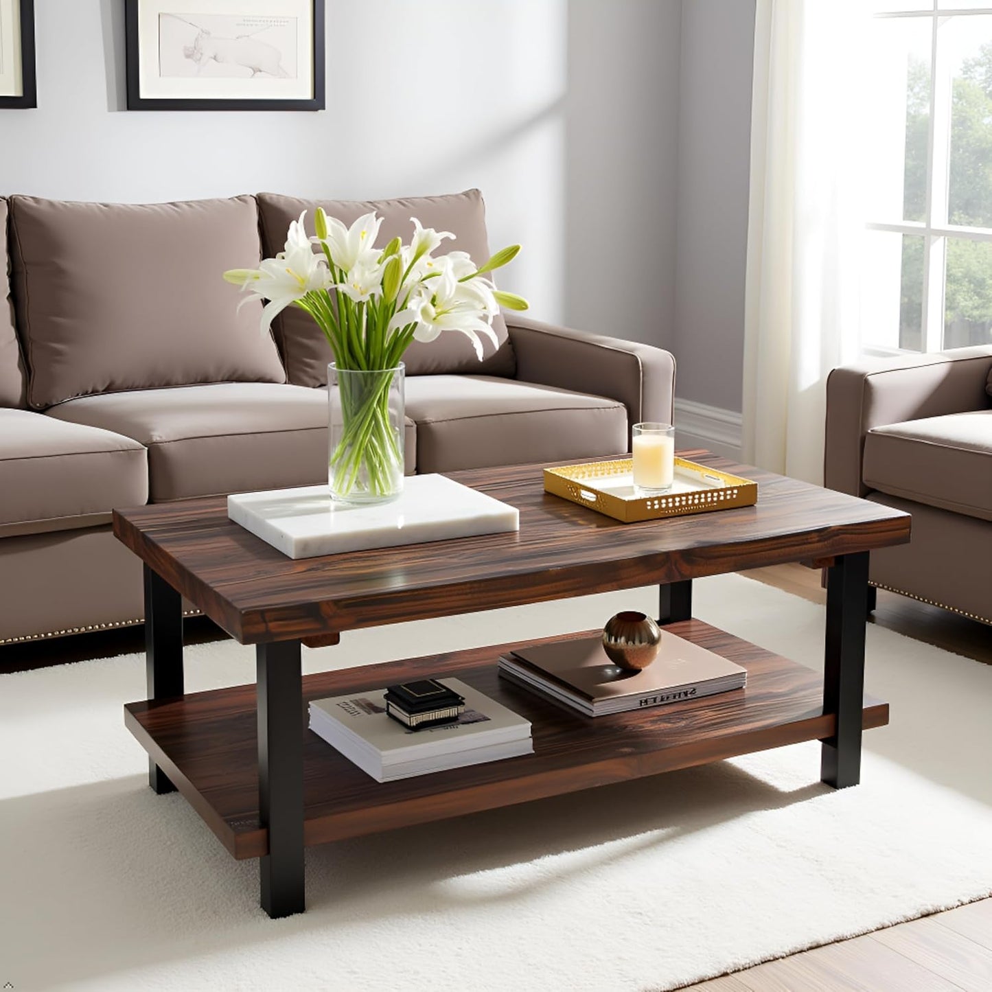 Pomona Rustic Industrial 2-Tier Rectangular Coffee Table – 48” Solid Wood Top with Shelf, Metal Legs, and Reclaimed Finish – Farmhouse Style Living Room Furniture