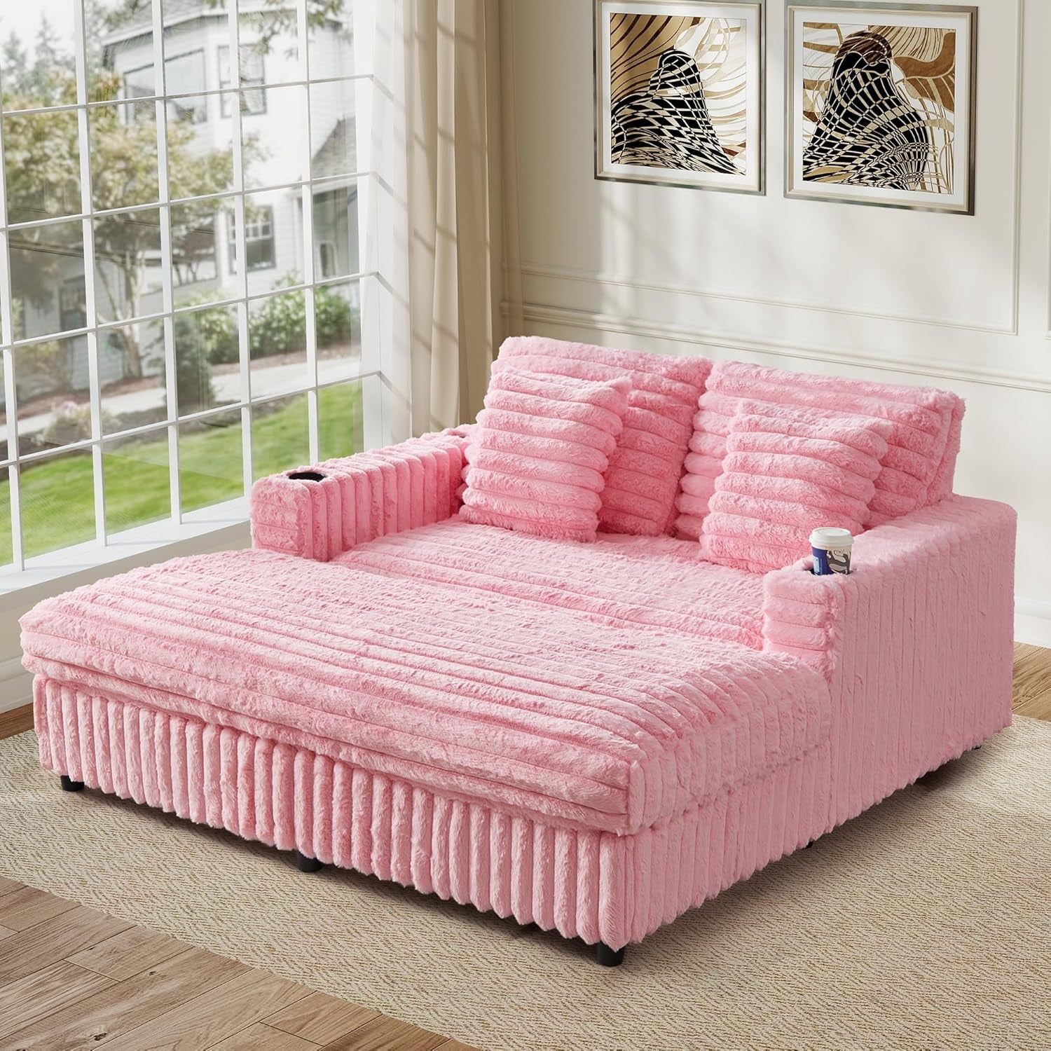 58'' Oversized Chaise Lounge Chair Indoor, Plush Faux Rabbit Fur Sleeper Sofa Bed with 4 Pillows, Charging Station & Cup Holders, Fluffy Comfy Cloud Couch Loveseat Sofa for Living Room,Pink
