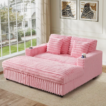 58'' Oversized Chaise Lounge Chair Indoor, Plush Faux Rabbit Fur Sleeper Sofa Bed with 4 Pillows, Charging Station & Cup Holders, Fluffy Comfy Cloud Couch Loveseat Sofa for Living Room,Pink