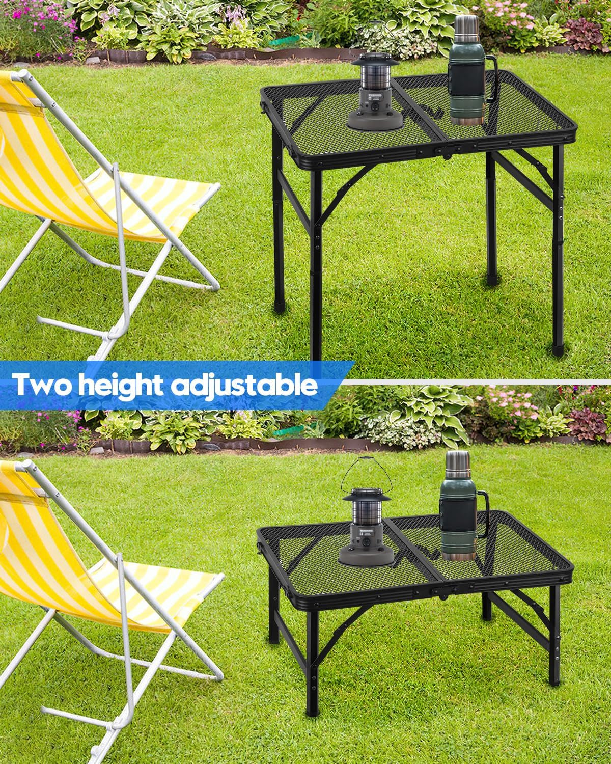 Folding Grill Table, Height Adjustable Aluminum Table with Mesh Desktop and Mesh Bag, Portable Grill Table for Outdoor Camping, Picnic, Patio, Dining, BBQ, Party, Black, 23.6×15.7 Inch