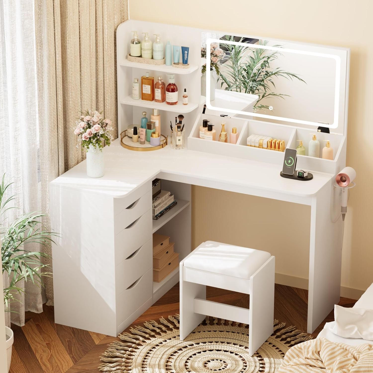 Vanity Desk with Lights and Mirror, L Shaped Makeup Table, Dresser with Hairdryer Holder and Power Outlet, Adjustable 3 Lighting Modes, 5 Drawers and Adjustabled Open Storage Shelves, White