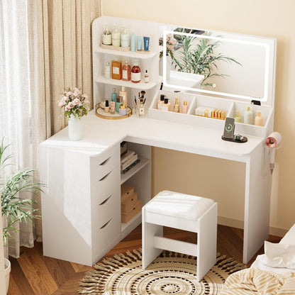 Vanity Desk with Lights and Mirror, L Shaped Makeup Table, Dresser with Hairdryer Holder and Power Outlet, Adjustable 3 Lighting Modes, 5 Drawers and Adjustabled Open Storage Shelves, White