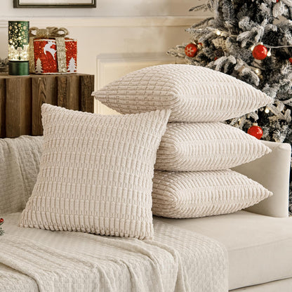 Pack of 4 Cream White Corduroy Christmas Decorative Throw Pillow Covers 18X18 Inch Soft Boho Striped Pillow Covers Modern Farmhouse Home Decor for Sofa Living Room Couch Bed