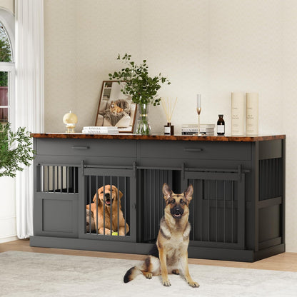 Large Dog Crate Furniture for 2 Dogs 71 Inches Decorative Indoor Dog Kennel Furniture with 2 Drawers XXL Heavy Duty Dog Crates Cage Furniture with Removable Divider and Sliding Doors Black