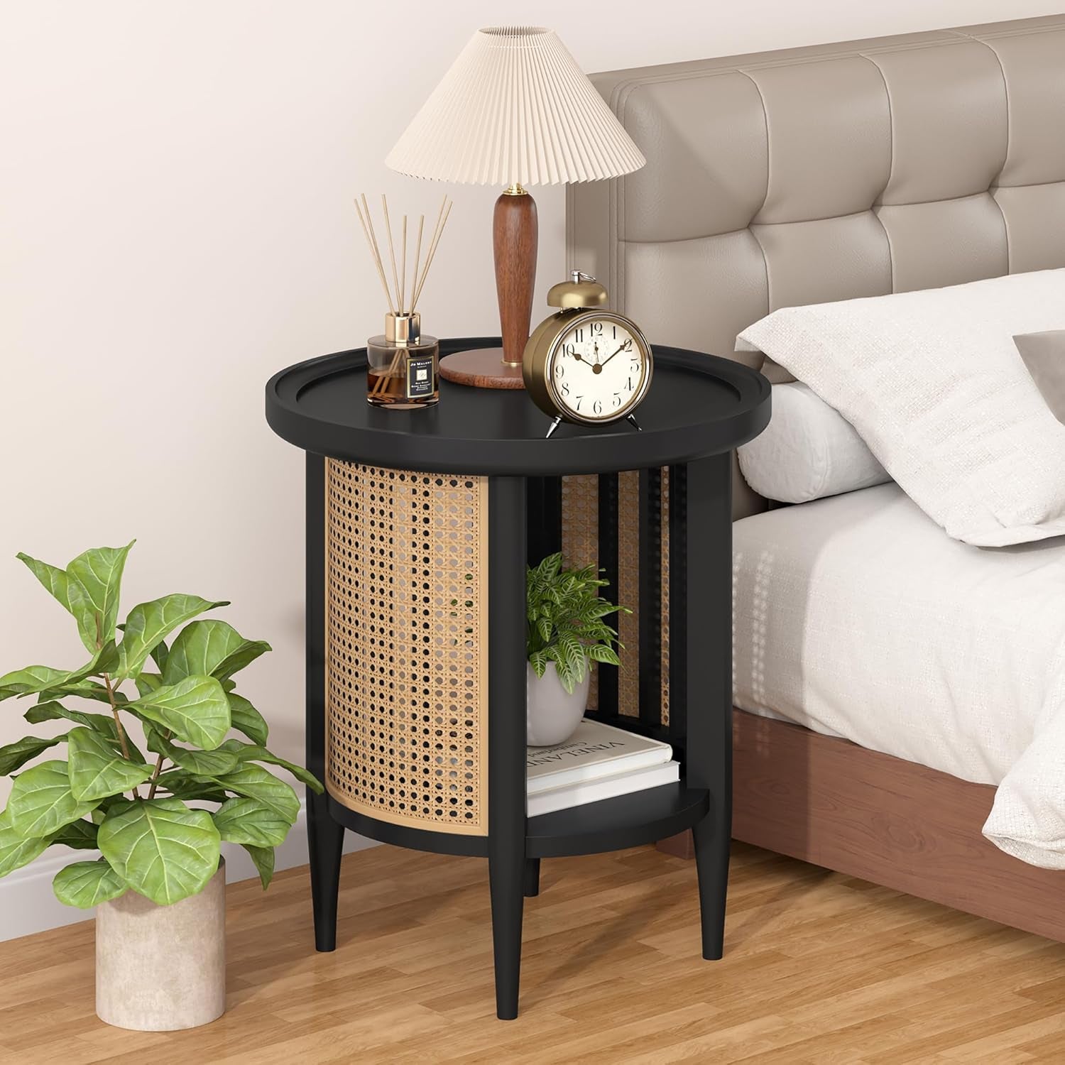 round End Table Rattan Style Side Table with Solid Wood Legs, Boho Style Nightstand Bedside Table with 2-Tier Shelves, Small Coffee Table for Living Room Bedroom Small Spaces Black
