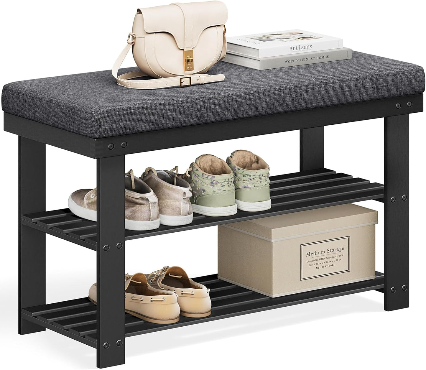 Bamboo Shoe Bench, 3-Tier Shoe Rack Organizer for Entryway, Living Room, Bench Seat Holds up to 300 Lb, 11.9 X 28.3 X 19.2 Inches, Rustic Walnut and Slate Gray ULBS604CG