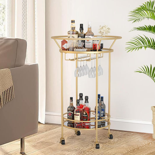 round Gold Rolling Bar Cart Wine Rack and Lockable Casters,2 Mirrored Shelves Serving Cart for Kitchen, Club, Living Room