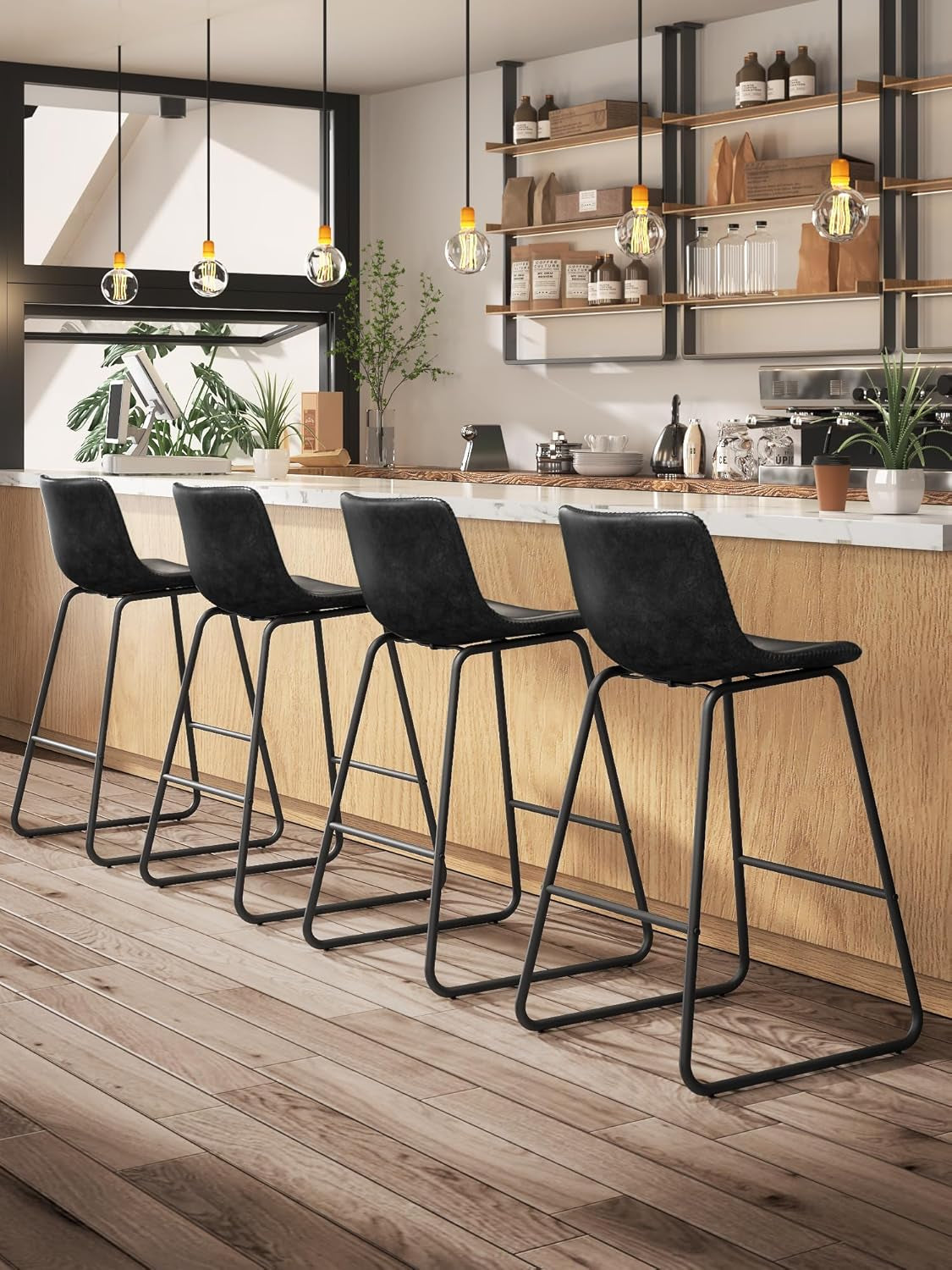 Bar Stools Set of 3, 26 Inches Counter Height Bar Stools with Back, Modern Faux Leather Barstools with Metal Legs and Footrest, Bar Chairs for Kitchens Island (Black)