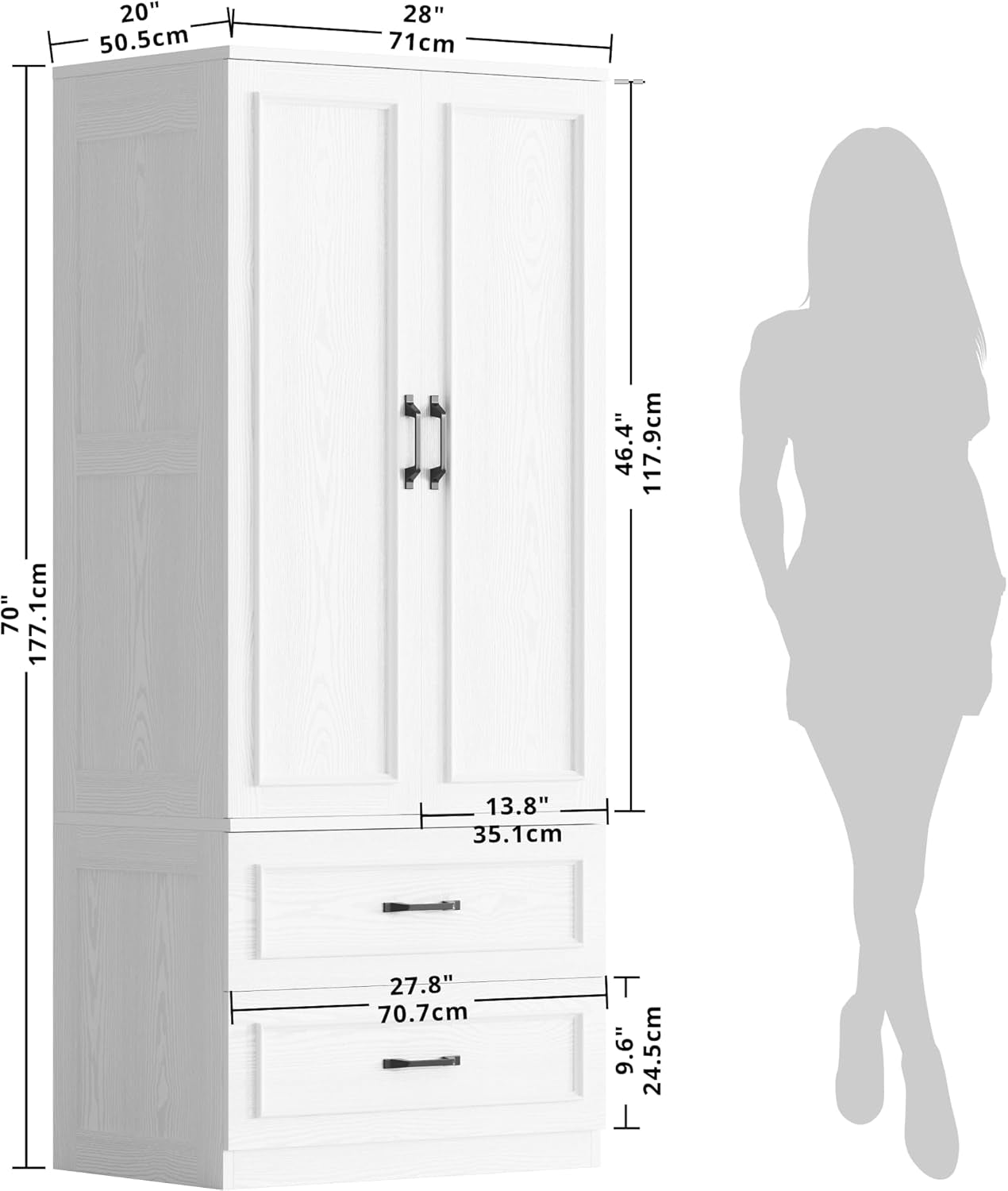 Armoire Wardrobe Closet with 2 Doors and 2 Drawers 70" H X 28" W Wooden Bedroom Freestanding Wardrobe Combination for Hanging Clothes, White